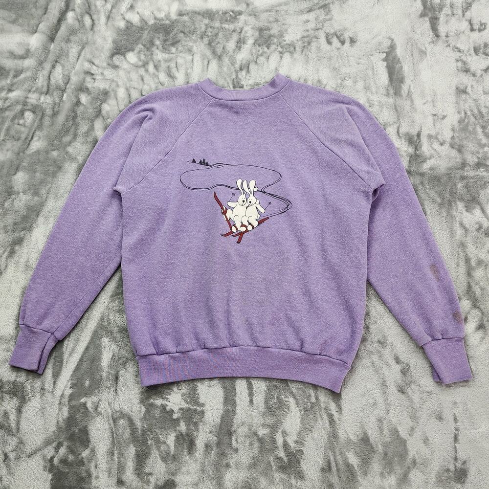 Vintage 80s Healthknit Sweatshirt Womens XL Purple Crew neck Skiing Bunnies FLAW